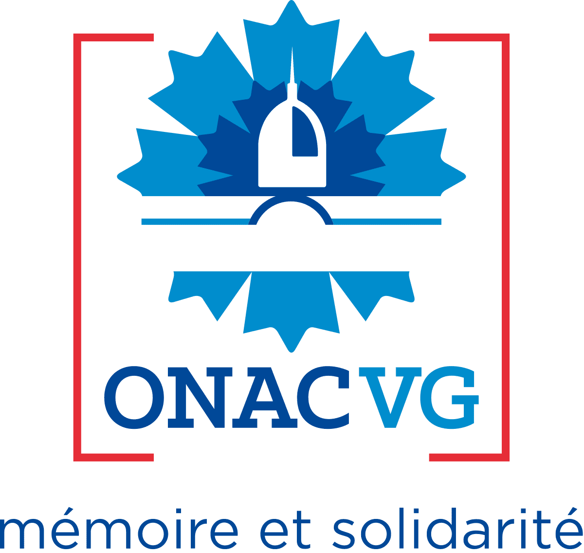 Logo ONACVG mémoire et solidarité avec monument blanc sur fond bleu et encadrement rouge