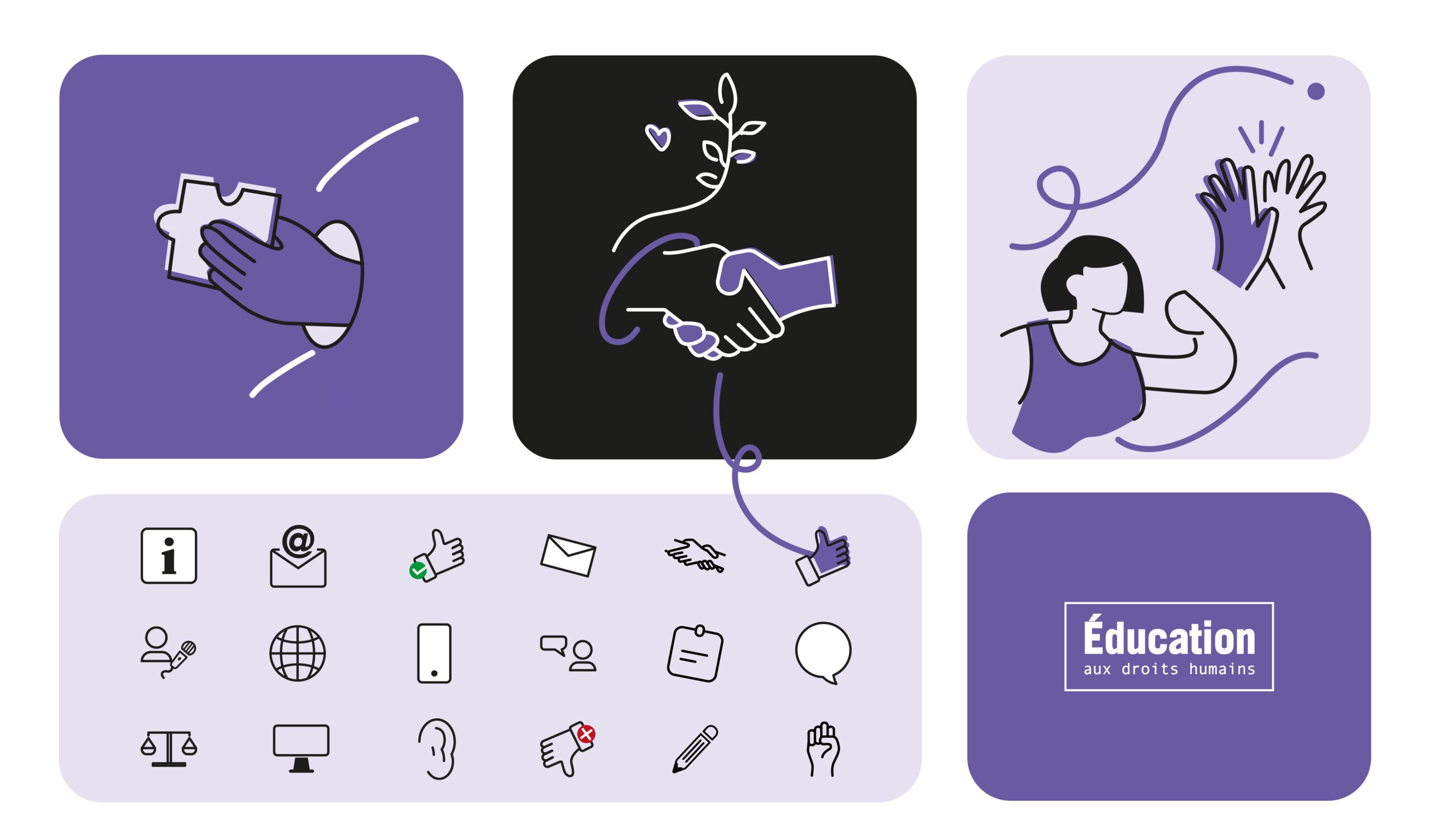 Montage d’illustrations violettes avec poignée de main, mains levées, pictogrammes et texte Éducation aux droits humains