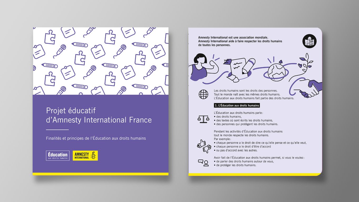 Couverture et page intérieure d’un livret FALC d’Amnesty International France sur l’éducation aux droits humains