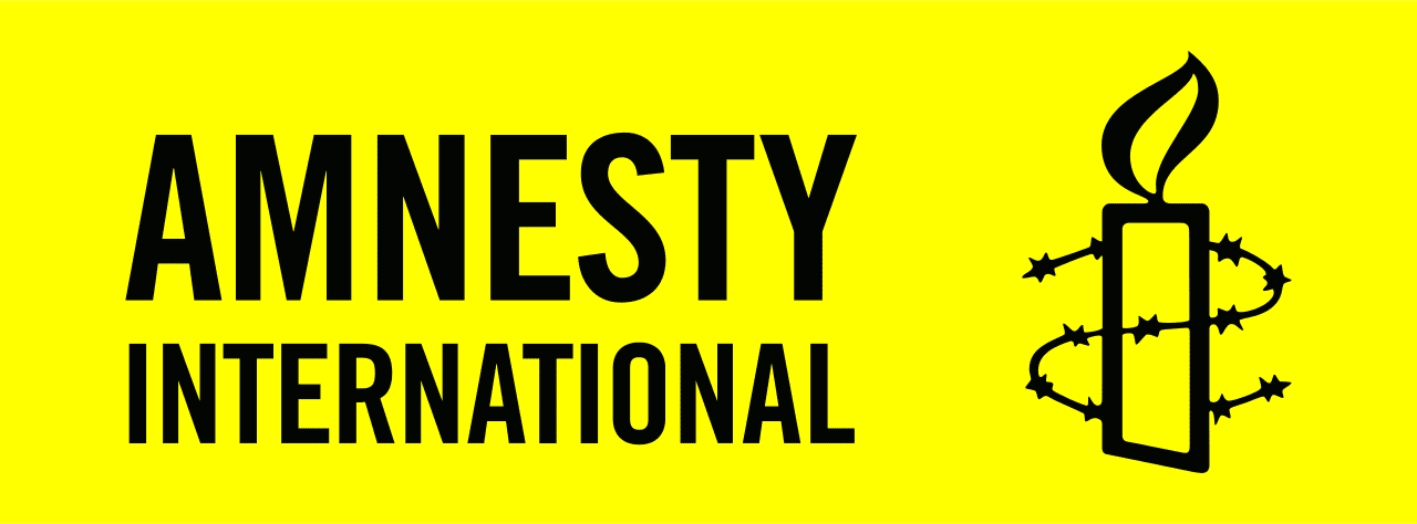 Logo Amnesty International jaune avec texte noir et bougie entourée de fil barbelé à droite