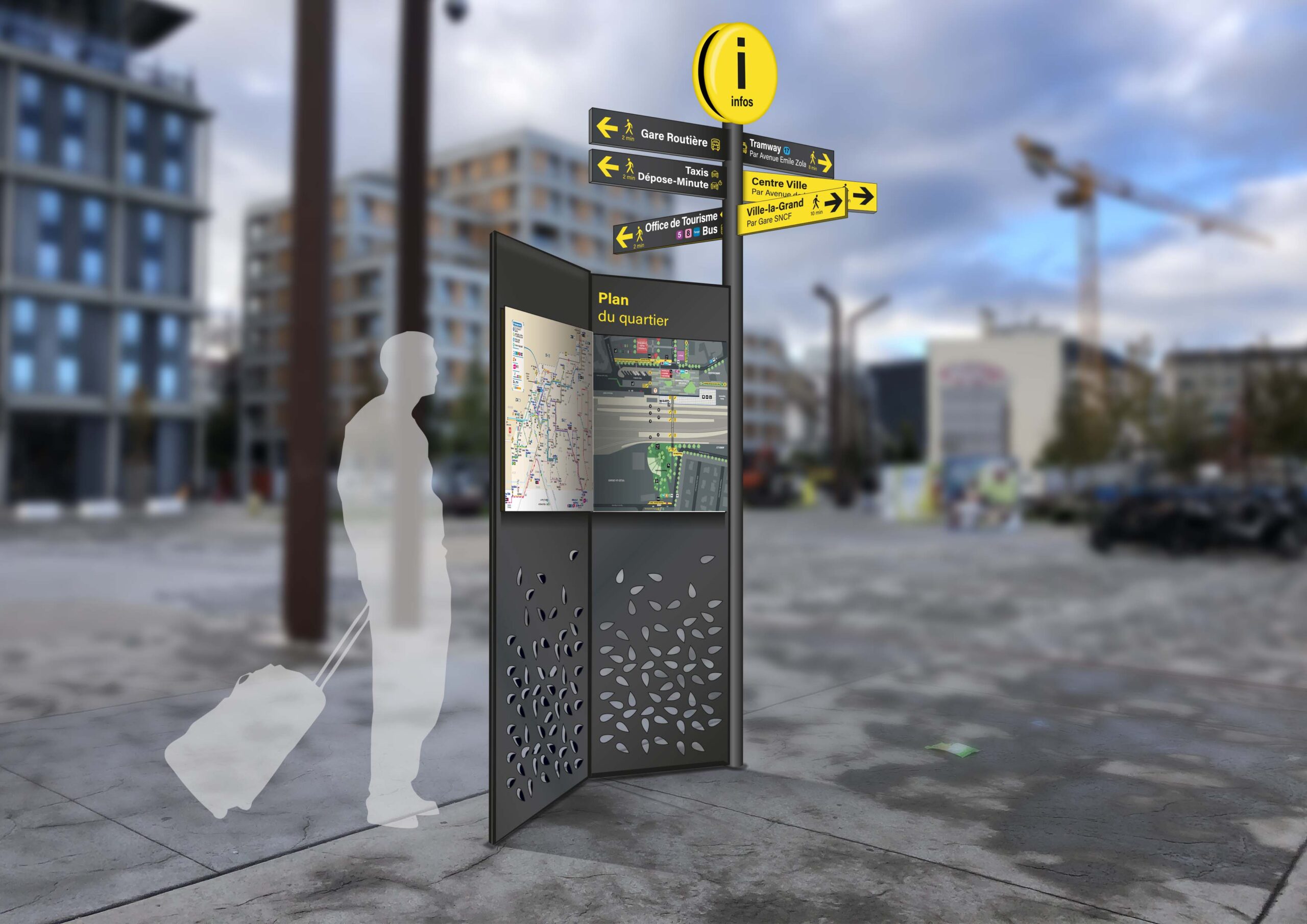 Totem d'information avec plan du quartier et panneaux directionnels en gare urbaine à Annemasse Agglo