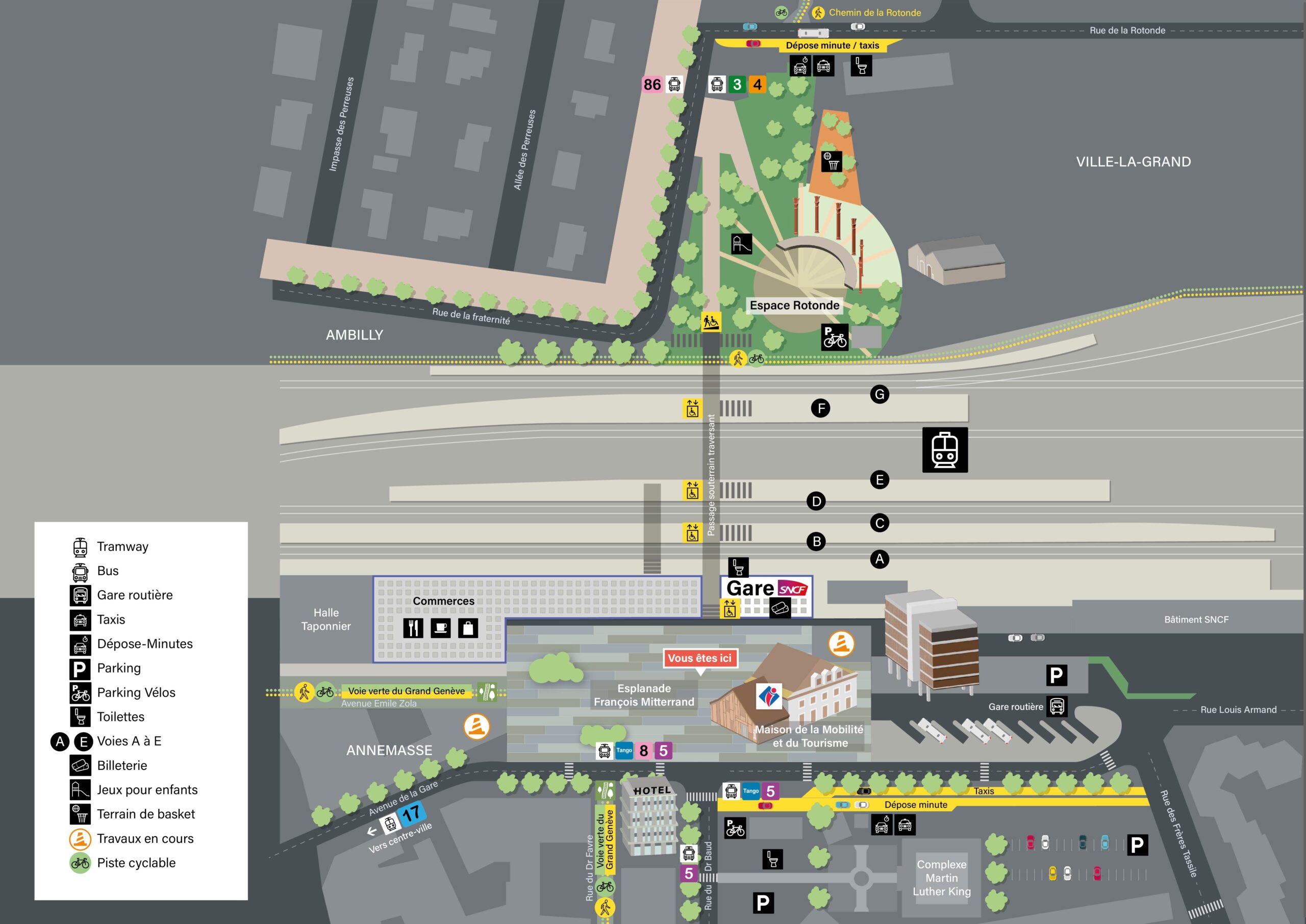 Plan du pôle d’échanges d’Annemasse avec quais A à G, gare, bus, taxis, parkings et piste cyclable