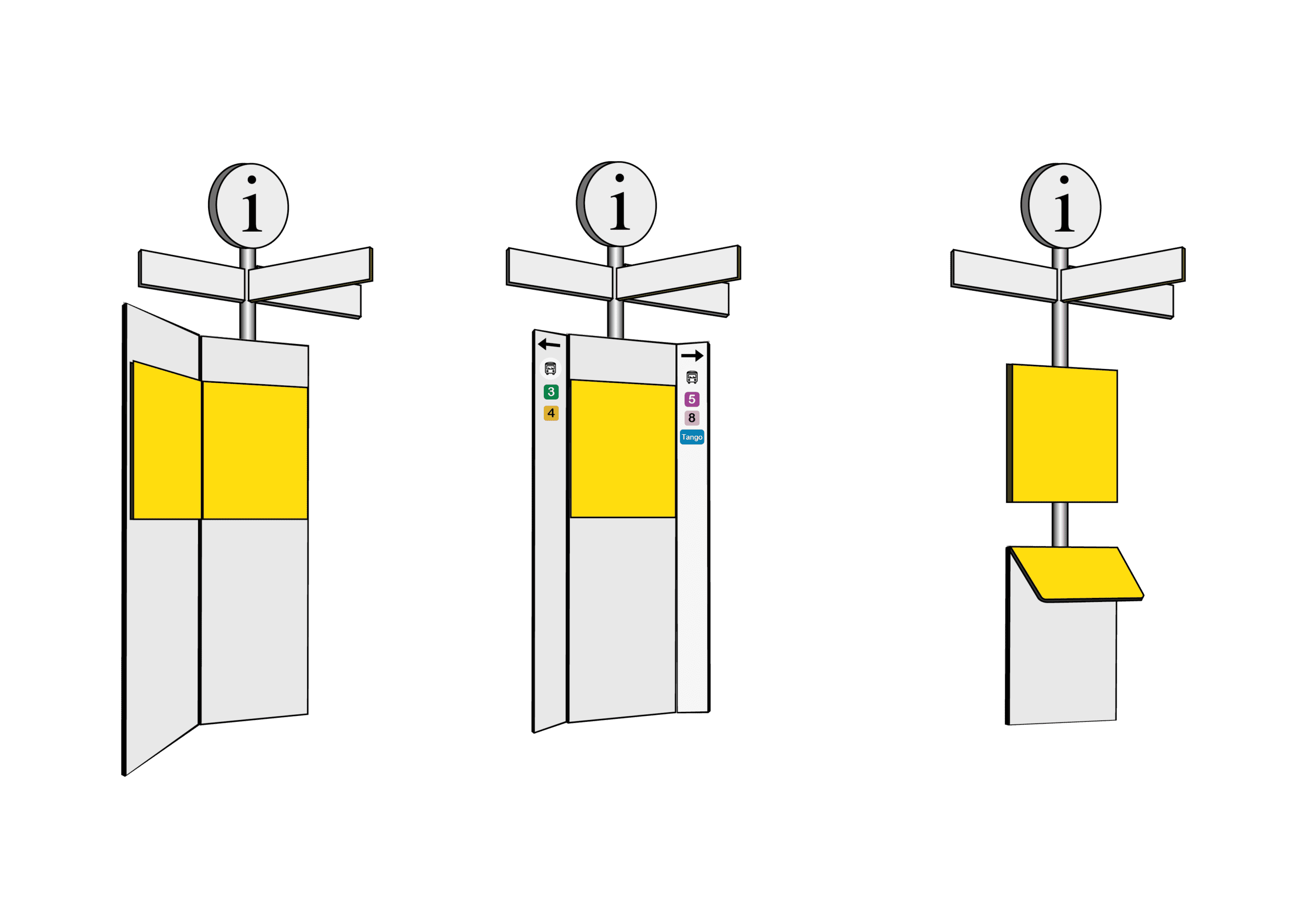 Trois variantes de mobilier d'information urbain avec panneaux directionnels et zones de lecture jaunes sur fond noir