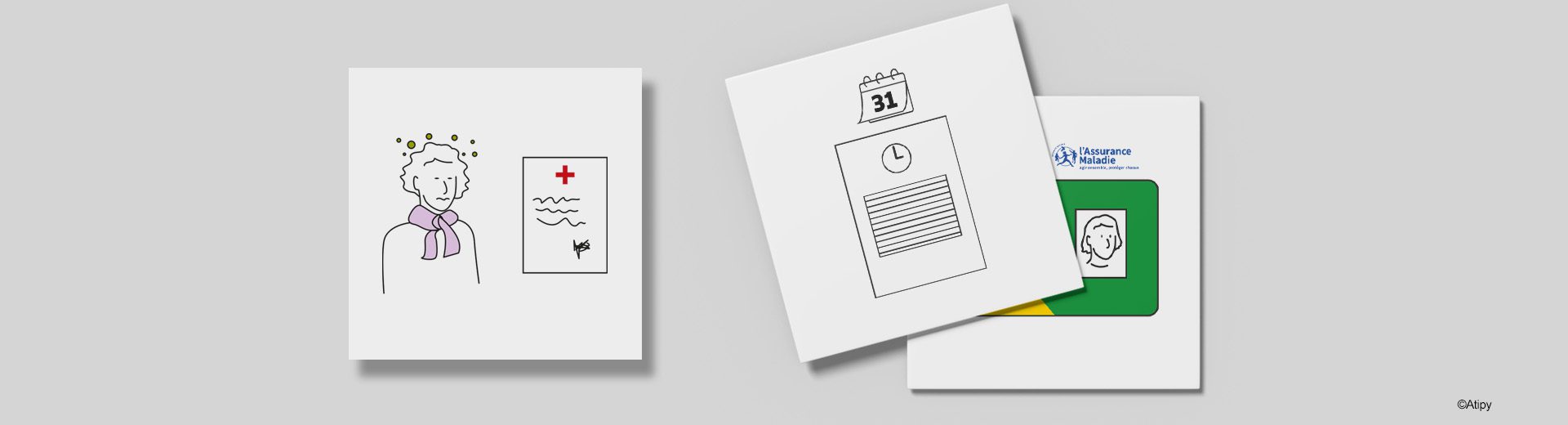 Dessins de documents administratifs et carte Vitale simplifiés pour un public allophone sur fond gris