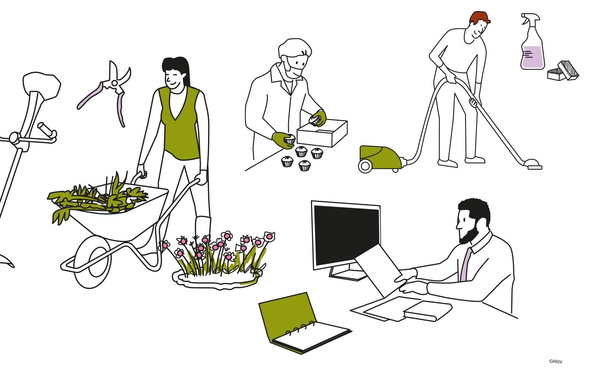 Illustrations de métiers variés : jardinage, pâtisserie, ménage et travail de bureau sur fond clair