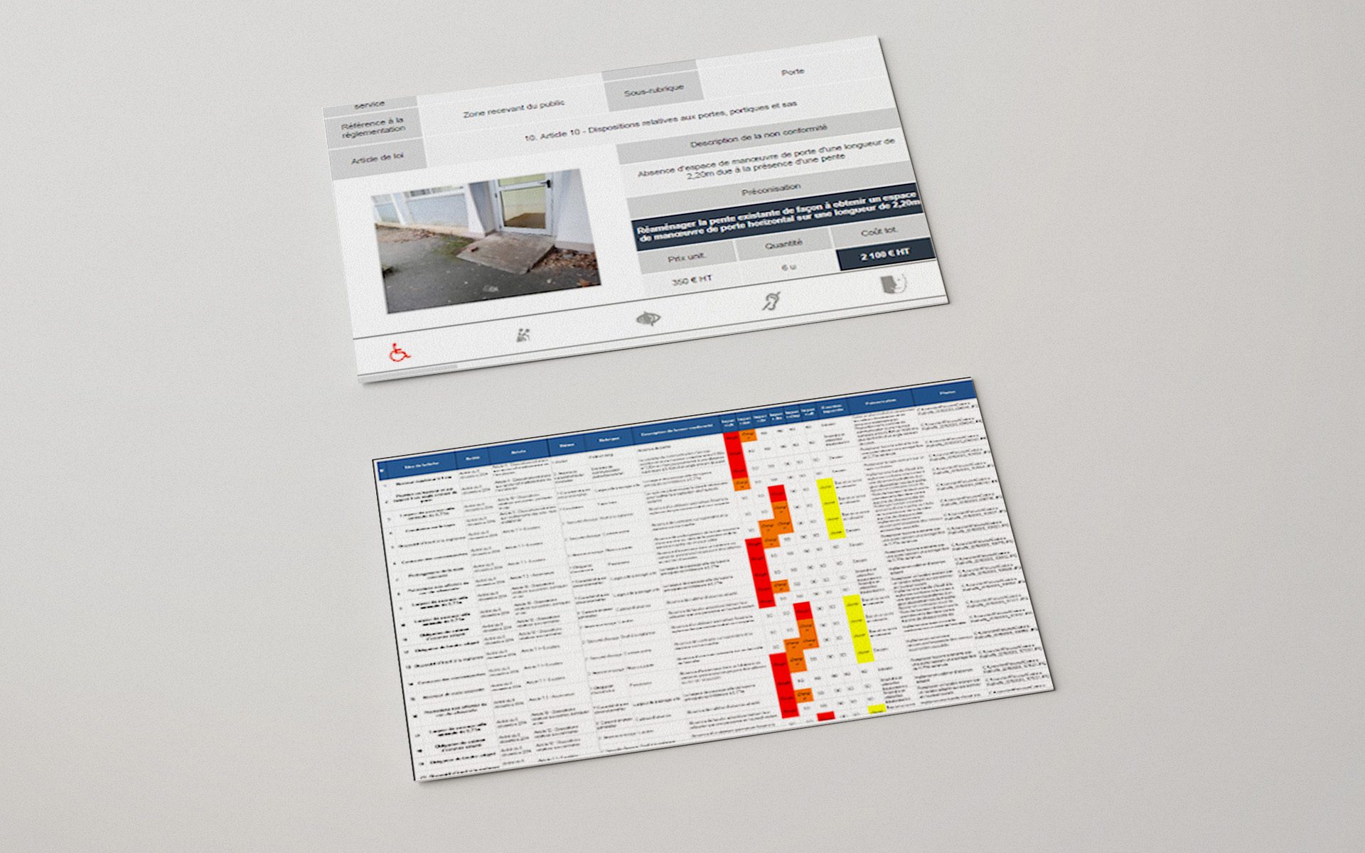 Deux tableaux de relevés d’accessibilité avec photo de rampe, mesures et cellules colorées rouge et jaune