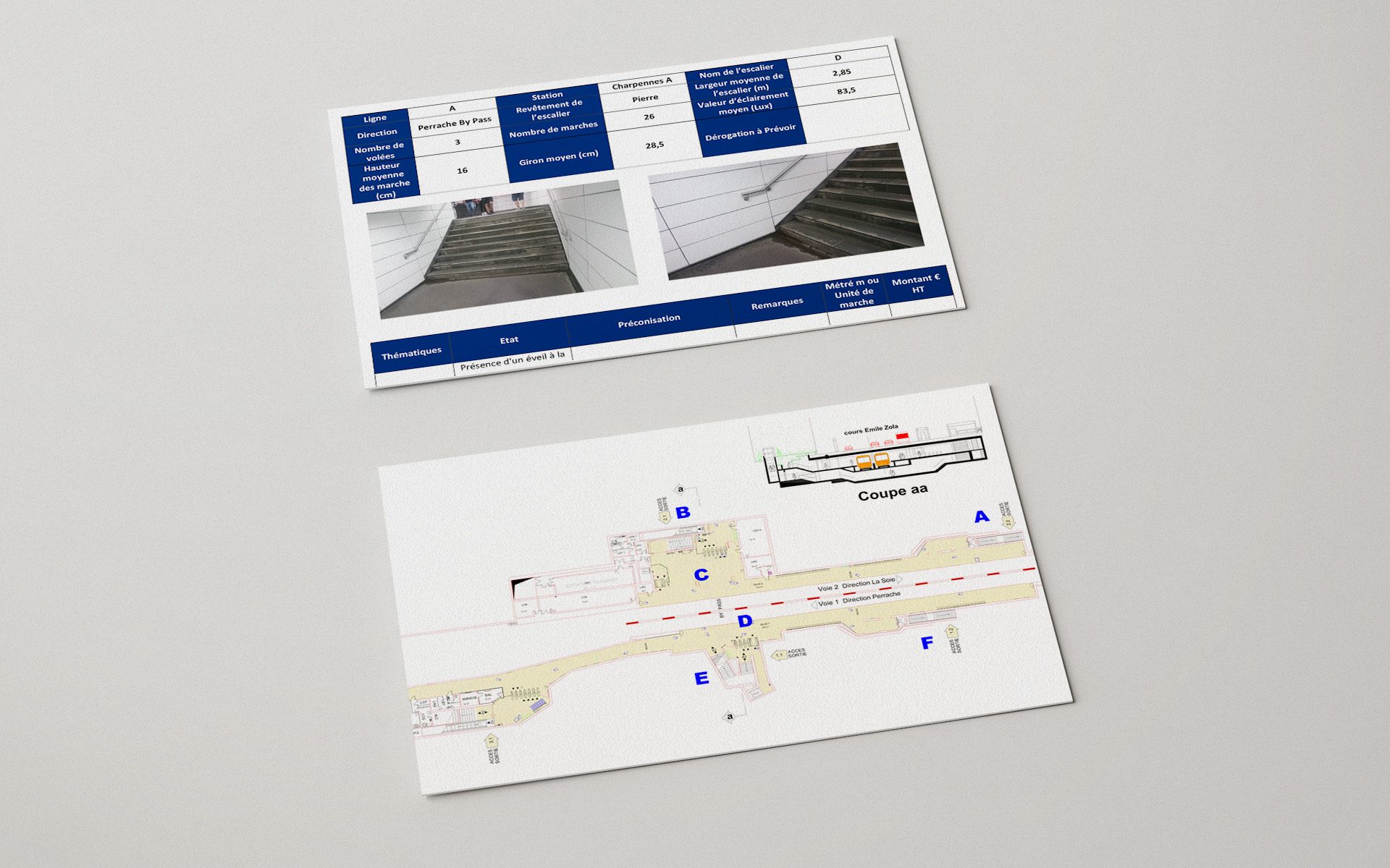 Tableau de relevés d’escalier et plan de station de métro avec photos, mesures et coupe aa