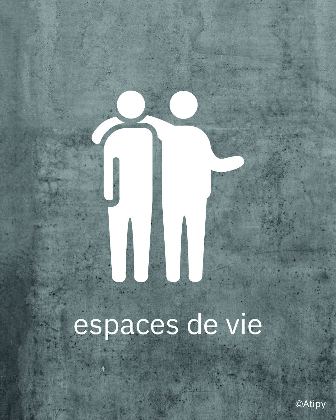 Pictogramme de deux personnes côte à côte sur fond gris avec le texte « espaces de vie