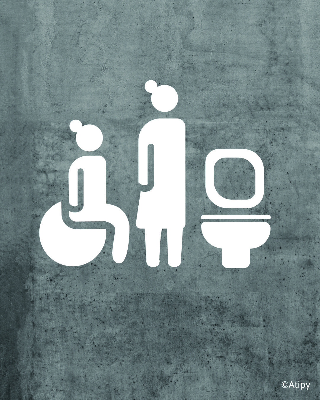 Pictogrammes toilettes avec femme debout, personne en fauteuil roulant et cuvette sur fond gris texturé