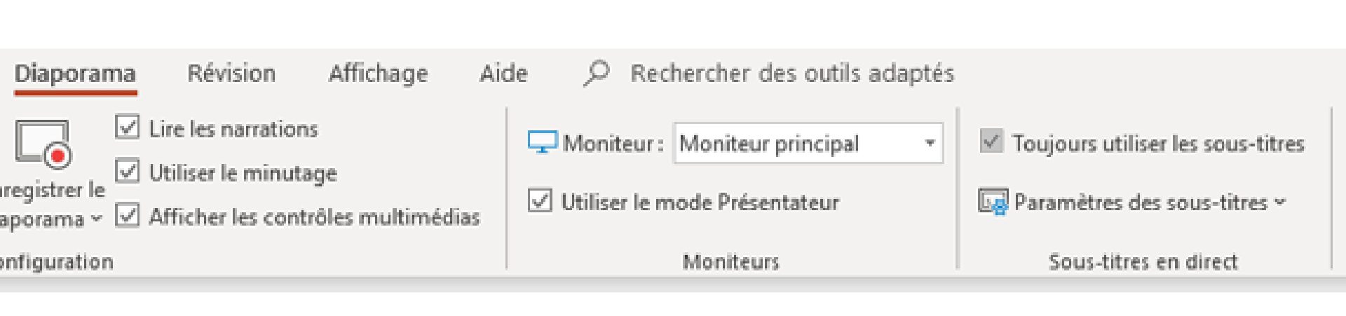 Dans l'onglet Diaporama, cocher la case Toujours activer les sous-titres.