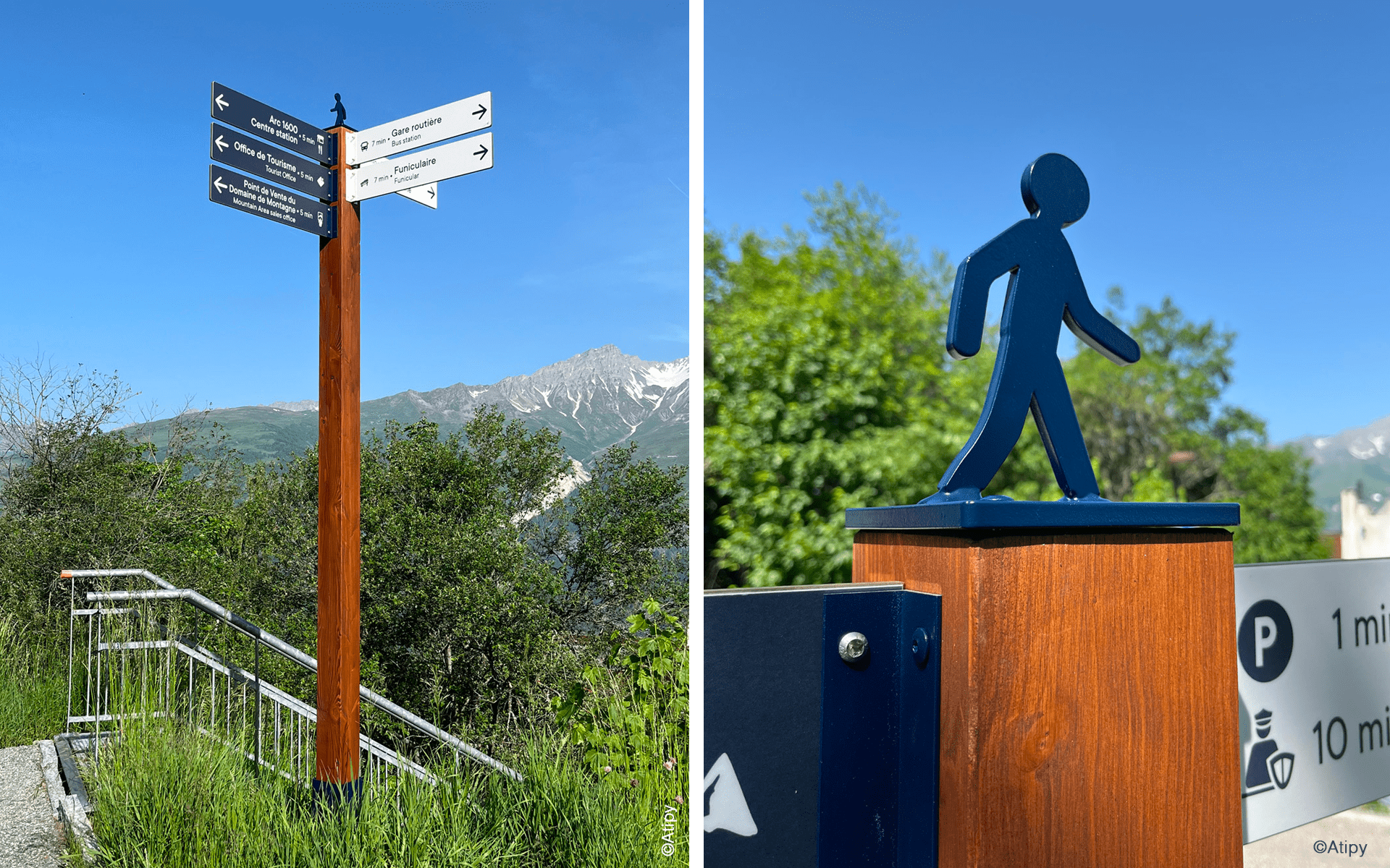 Mât directionnel piéton en bois avec panneaux vers gare routière et funiculaire, devant les montagnes des Arcs