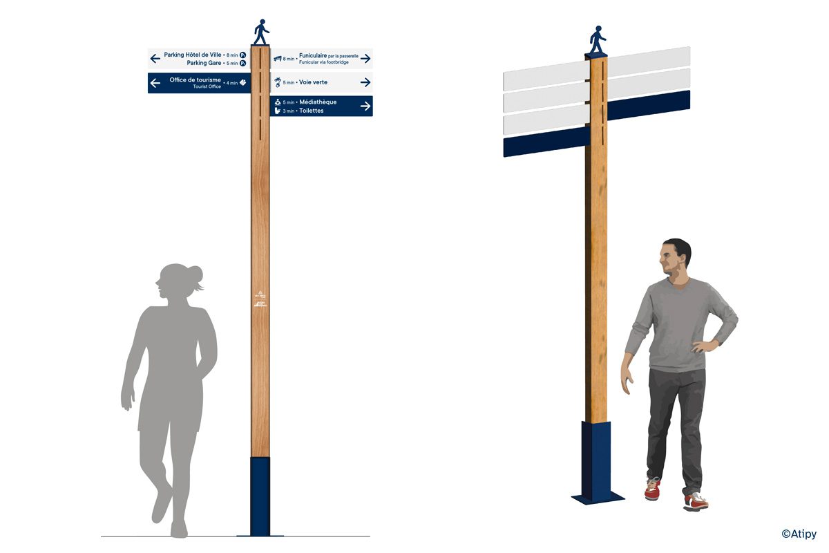 Mât directionnel piéton en bois avec flèches bleues vers office de tourisme, funiculaire, médiathèque et toilettes
