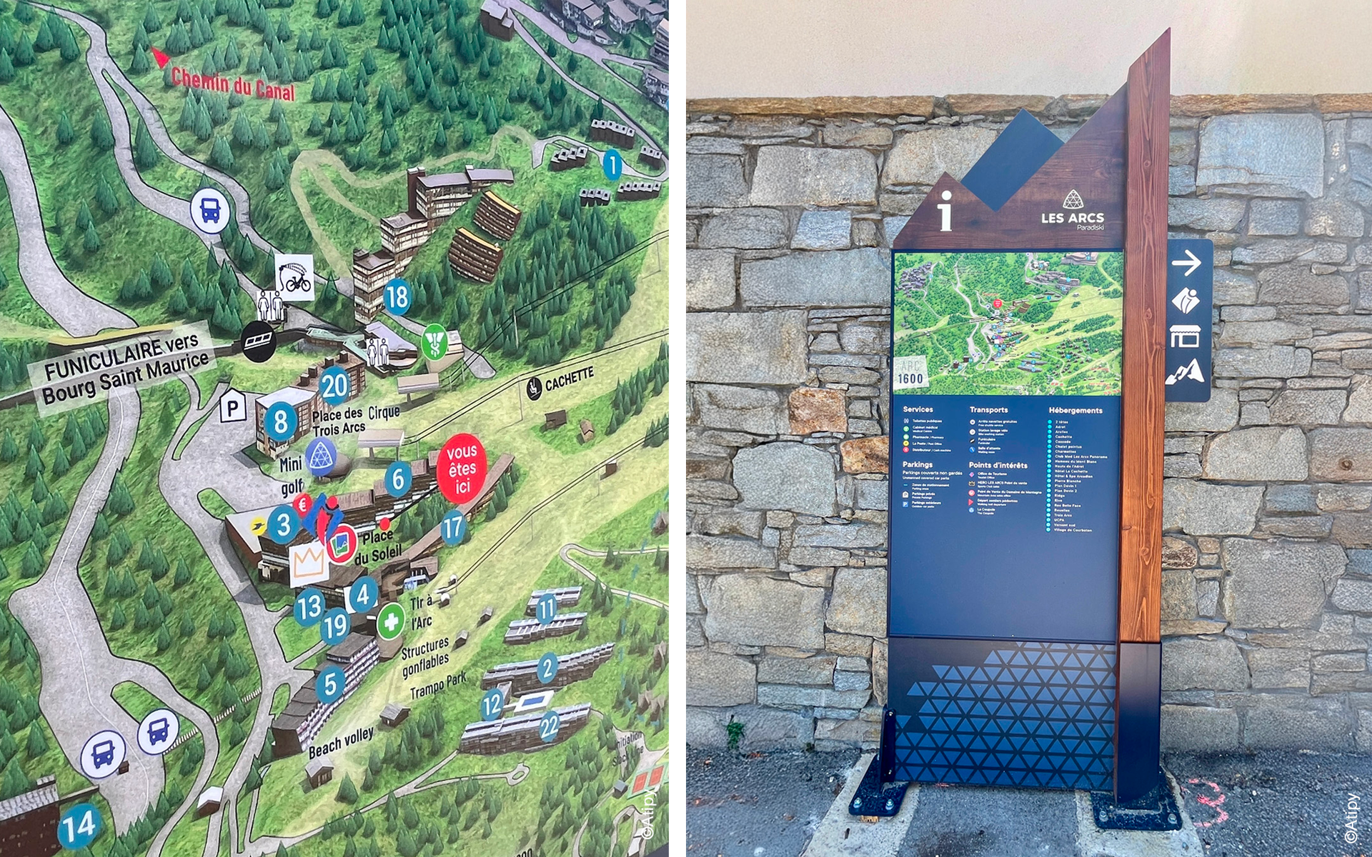 Panneau d’information piéton Les Arcs devant un mur en pierre, avec plan du site, services et transports