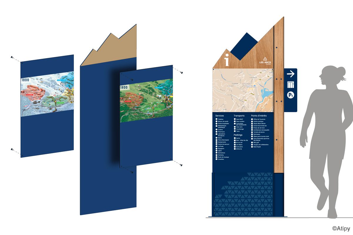 Totem de signalétique piétonne Les Arcs avec plan, liste de services et flèche directionnelle latérale