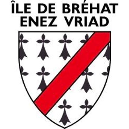 Logo Île de Bréhat avec blason blanc semé d'hermines noires traversé d'une bande rouge diagonale