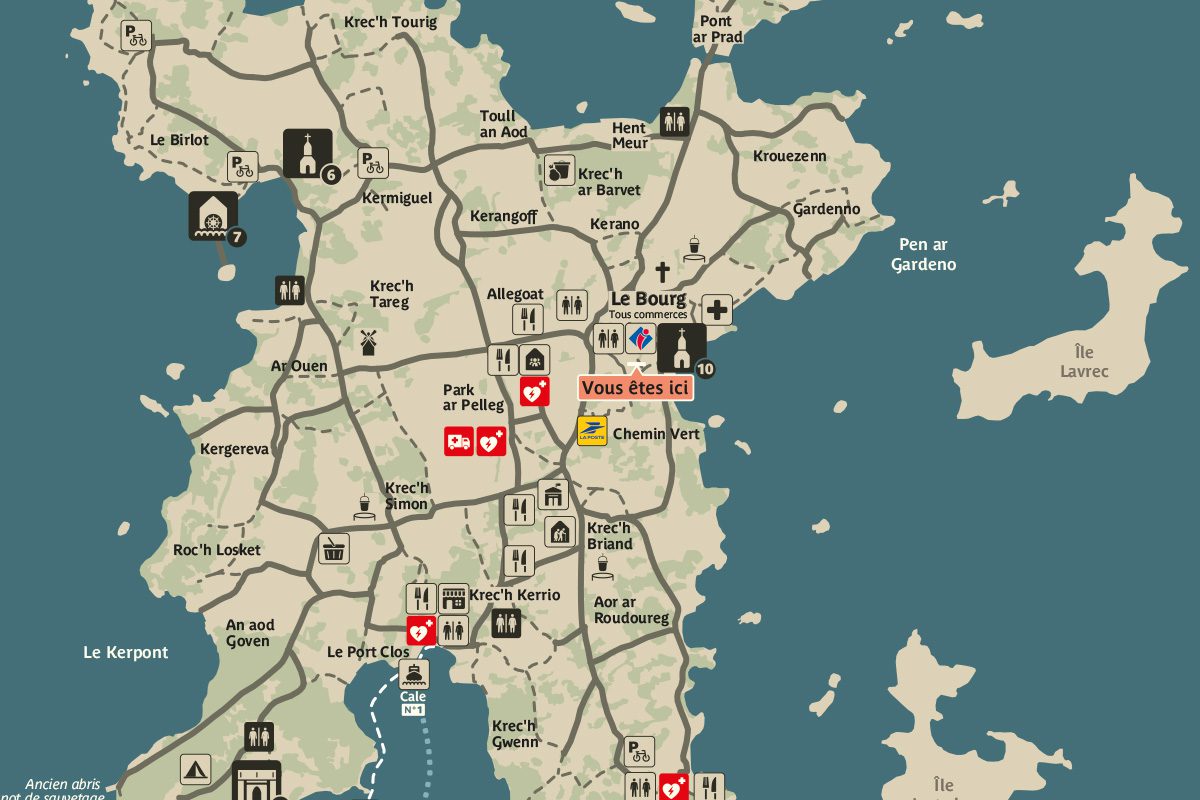 Carte touristique de l'île de Bréhat avec routes, lieux-dits, pictogrammes de services et repère Vous êtes ici