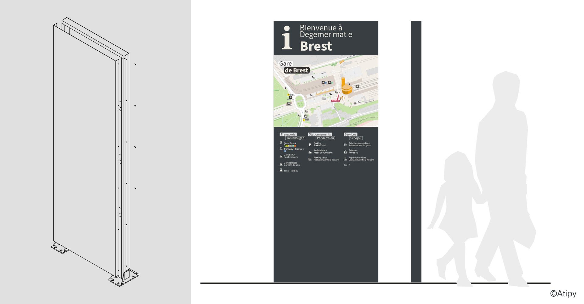 Totem signalétique avec plan de la gare de Brest et informations transports, stationnements et services