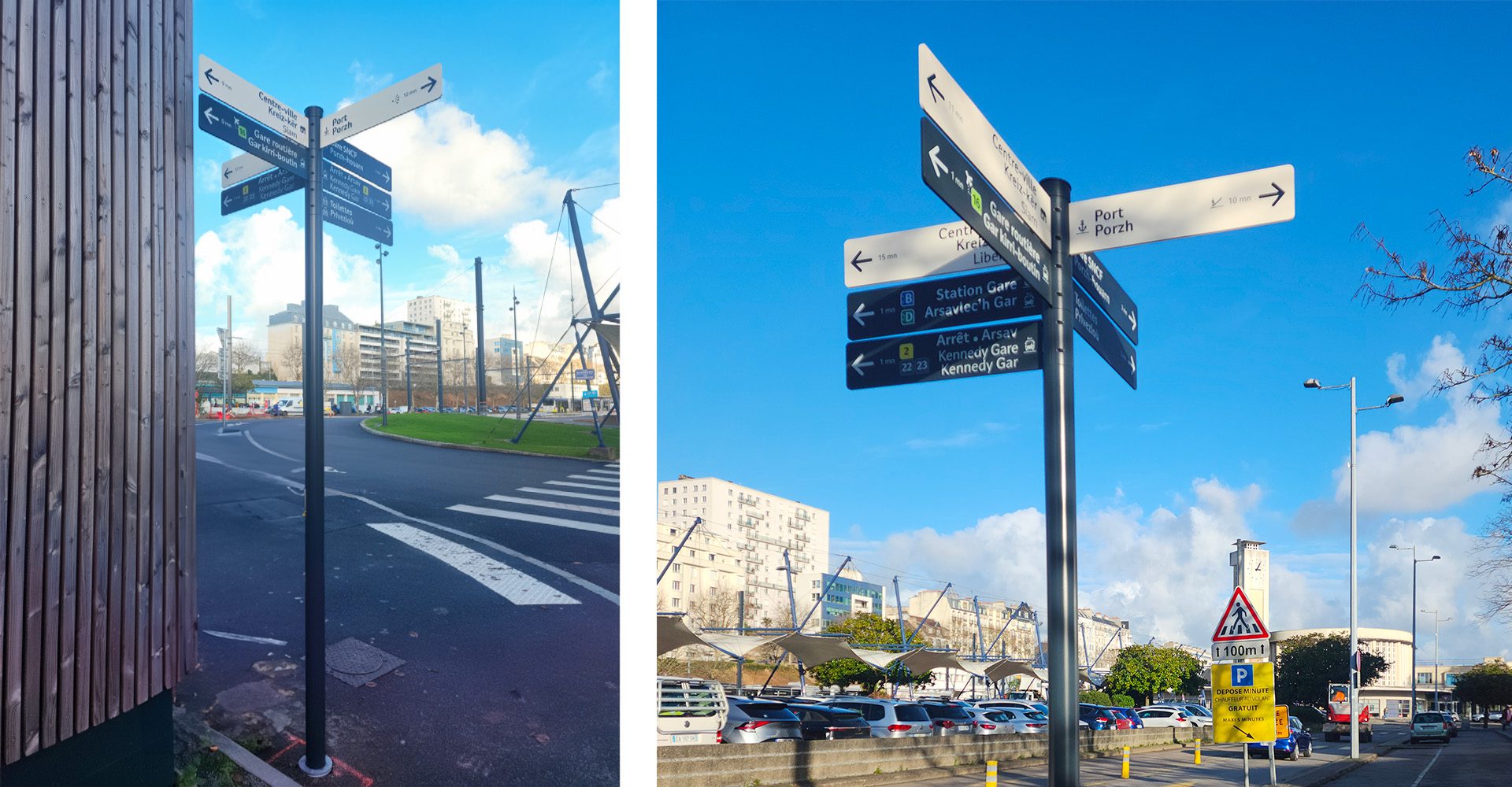 Mât de signalétique piétonne près de la gare avec directions vers Port de Porzh, centre-ville et station Gare