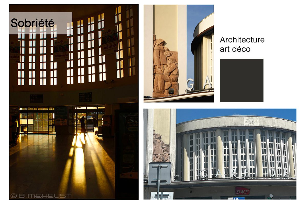 Montage de la gare de Brest avec hall vitré, façade art déco et textes « Sobriété » et « Architecture art déco