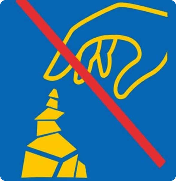 Pictogramme jaune barré sur fond bleu représentant une main à proximité