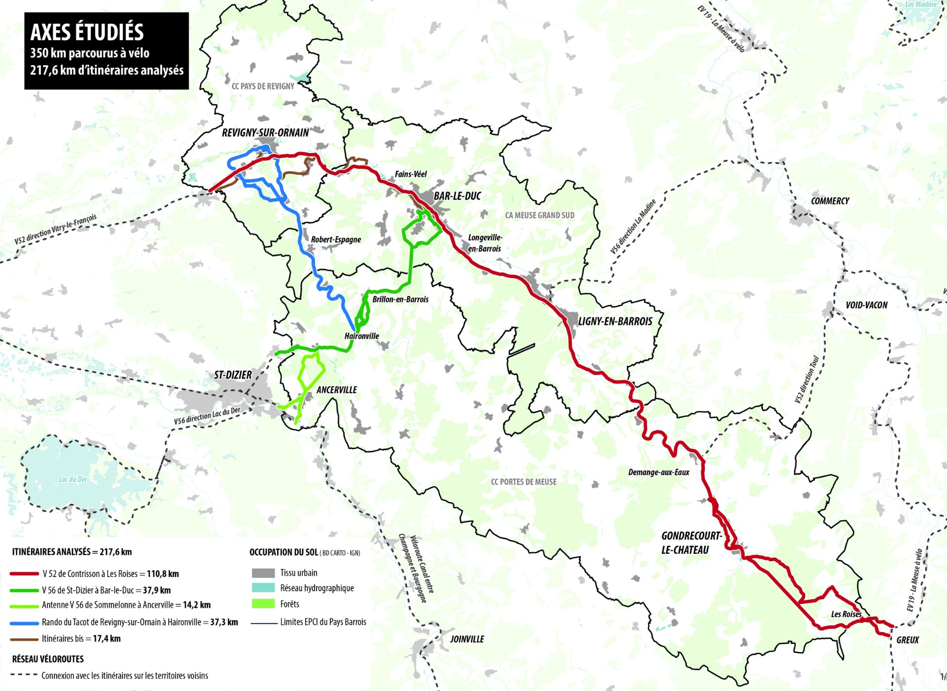 Carte des axes étudiés à vélo autour de Bar-le-Duc avec itinéraires colorés et communes du territoire Atipy
