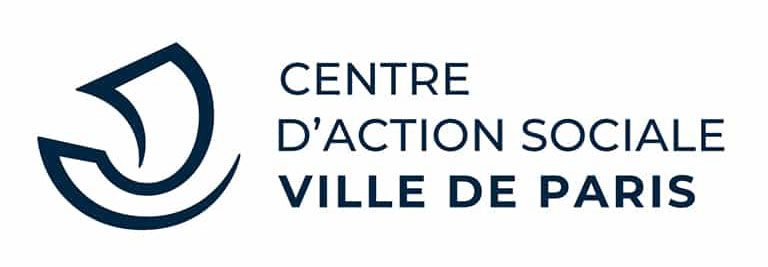 Logo Centre d’action sociale Ville de Paris avec emblème bleu stylisé et nom en lettres majuscules