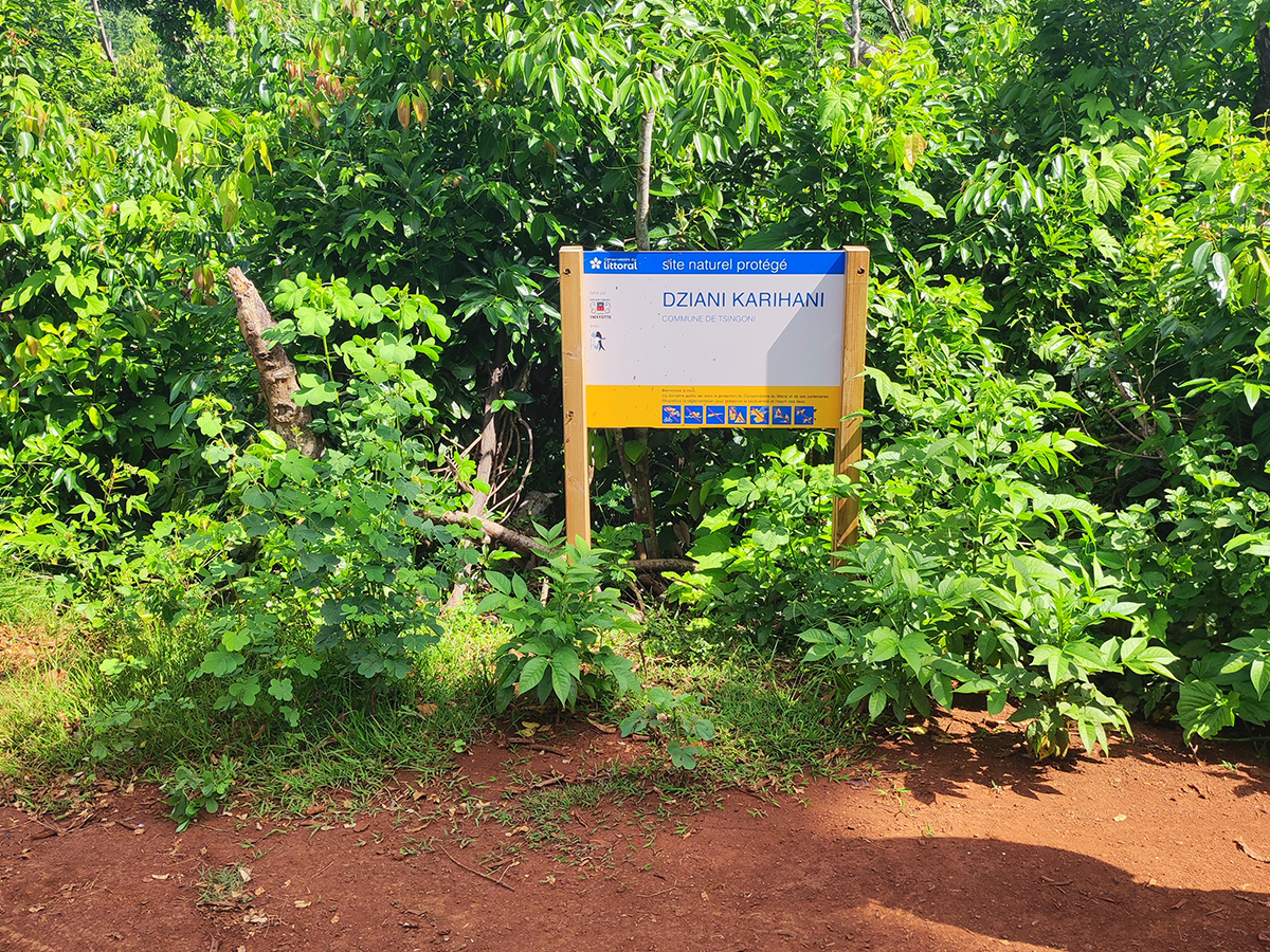 Panneau du site naturel protégé Dziani Karihani installé au bord d'un chemin de terre au milieu de la végétation