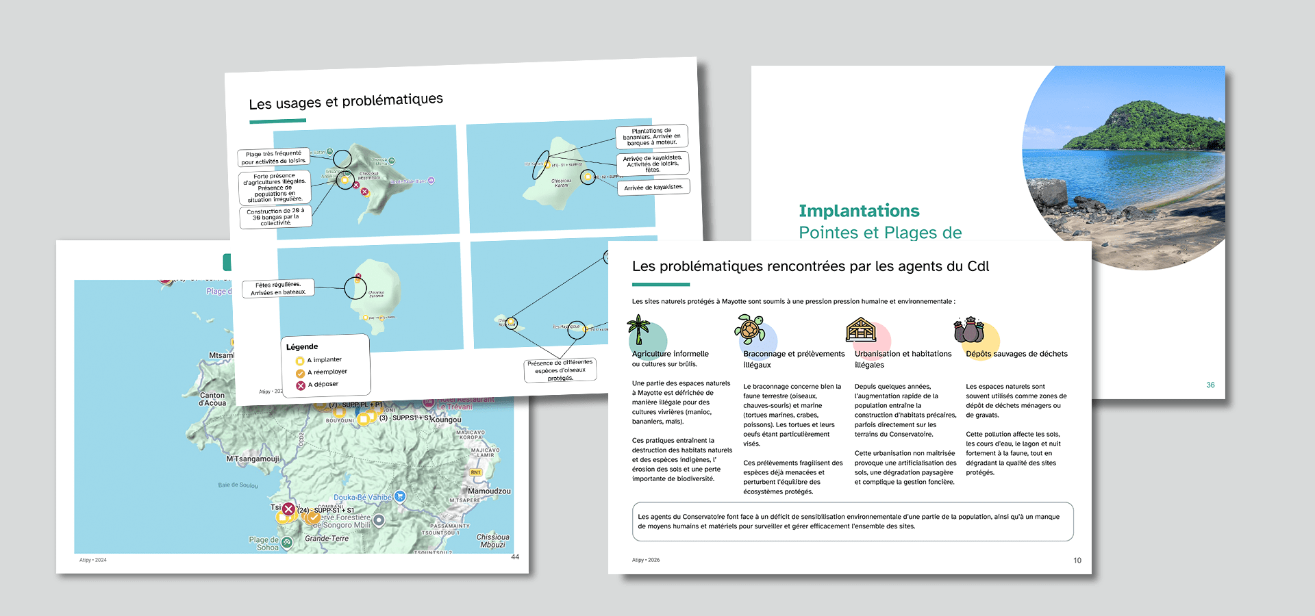 Montage de cartes et d’une page d’audit sur la signalétique à Mayotte avec le titre « Implantations Pointes et Plages