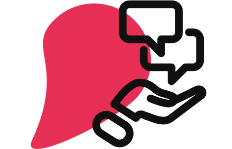 Silhouette rose de profil avec main noire ouverte et bulles de dialogue symbolisant conseil et formation
