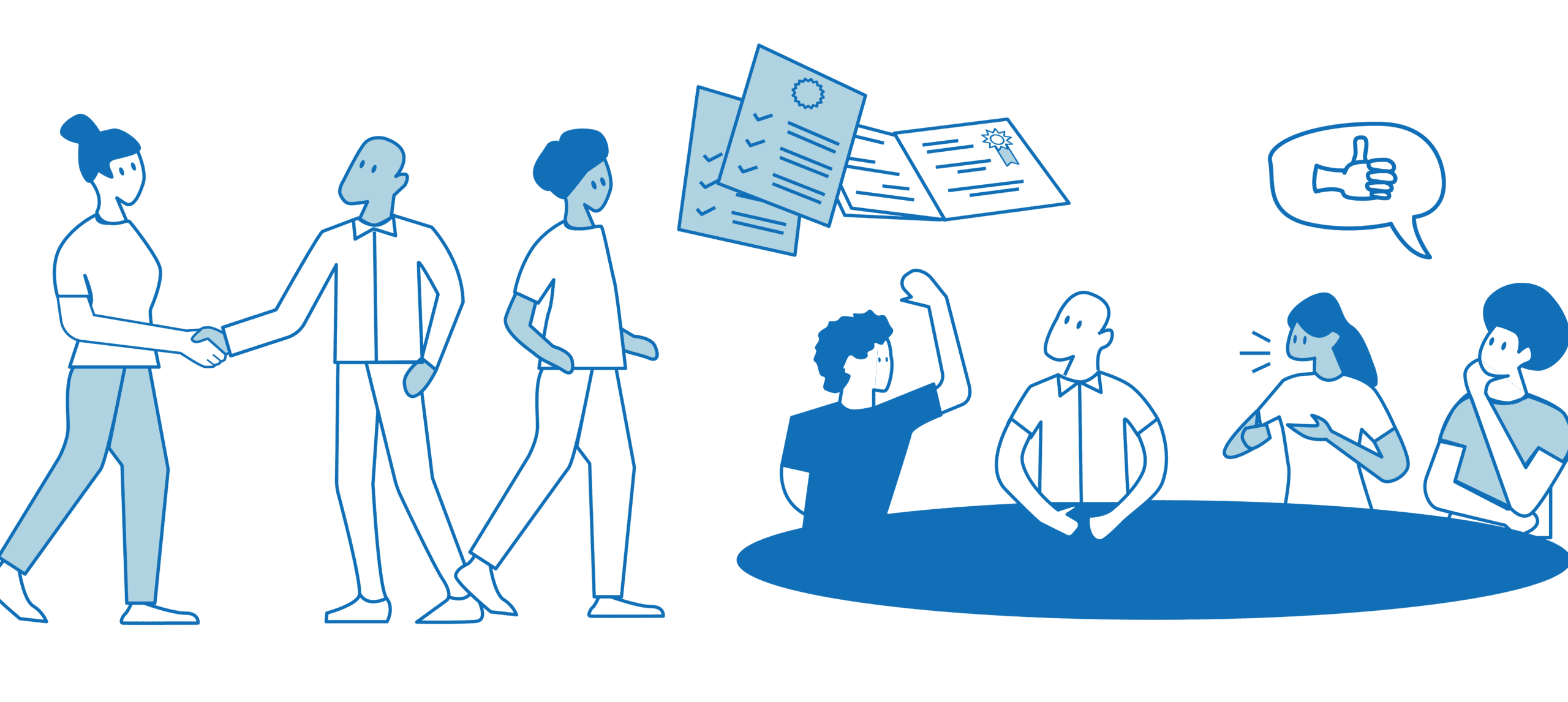 Illustration de plusieurs personnes en réunion, avec poignée de main, documents et bulle pouce levé