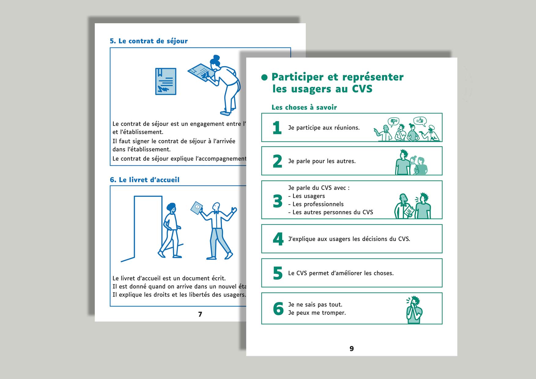 Deux pages en FALC sur les conseils de la vie sociale. Chaque phrase est