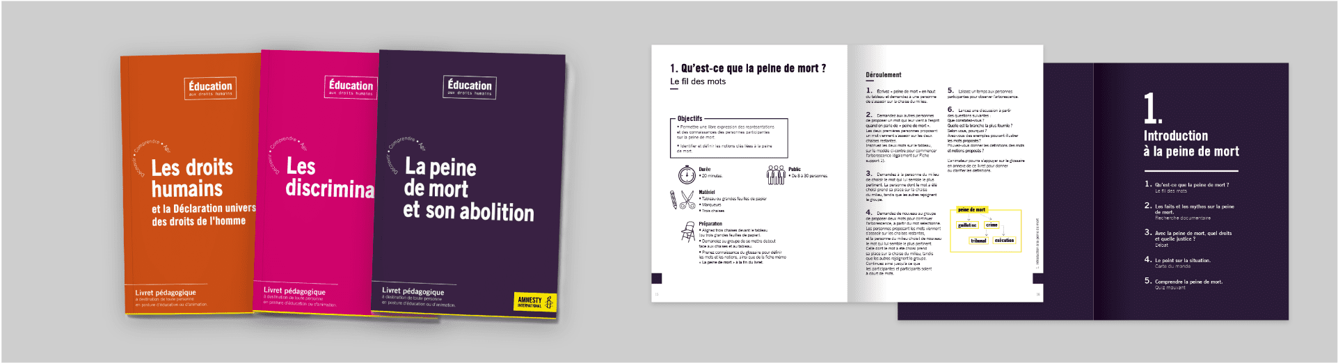Trois livrets pédagogiques Amnesty International et des doubles pages sur la peine de mort et les droits humains