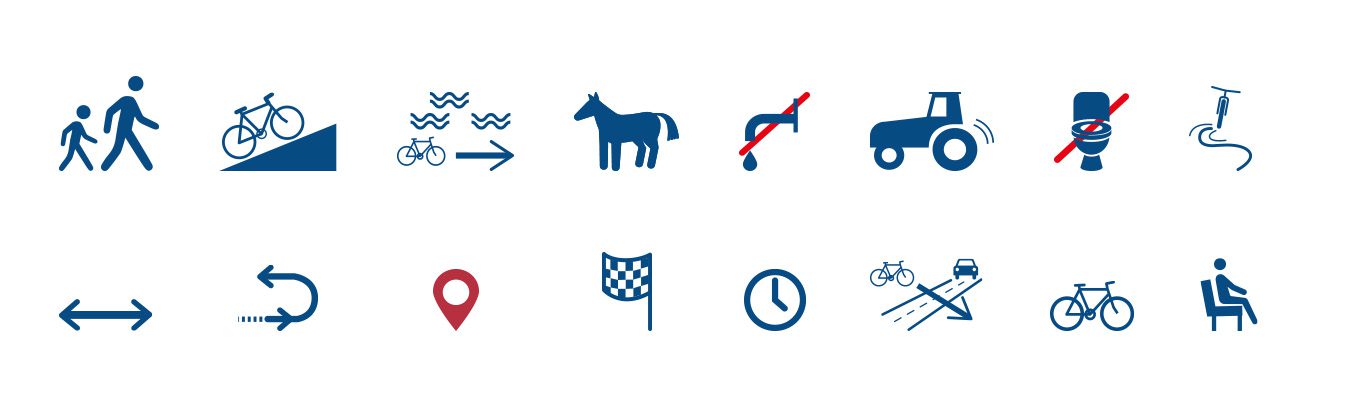 Ensemble de pictogrammes bleus et rouges : piétons, vélo, cheval, tracteur, toilettes, horloge et assise