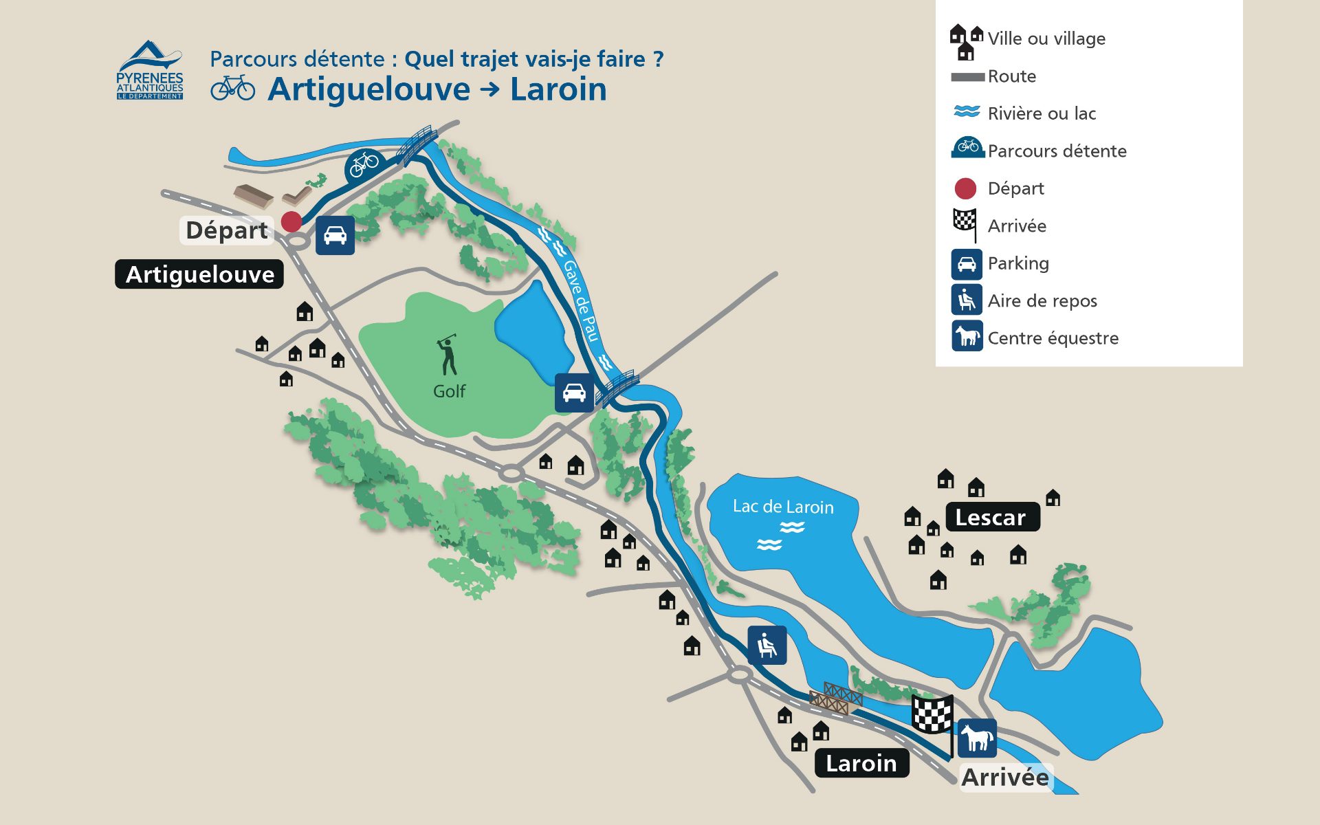 Plan du parcours détente à vélo d'Artiguelouve à Laroin avec départ, arrivée, parking, lac et aire de repos