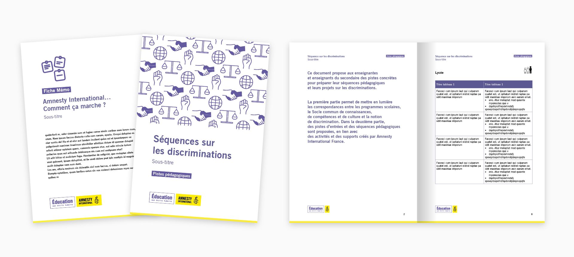 Maquettes de livret Amnesty International sur les discriminations, avec couverture et doubles pages intérieures