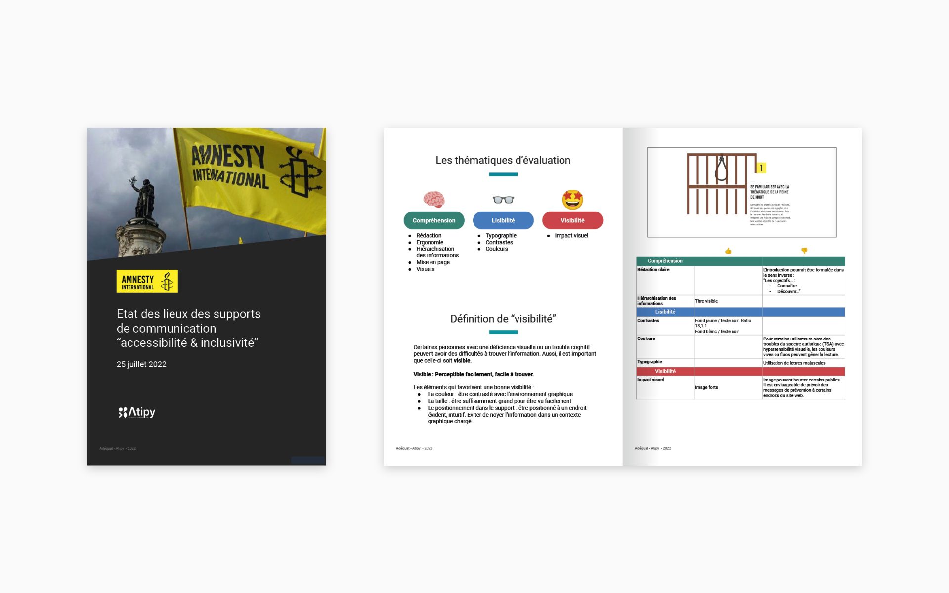 Couverture et double page d’un livret Amnesty International sur l’accessibilité et l’inclusivité conçu par Atipy