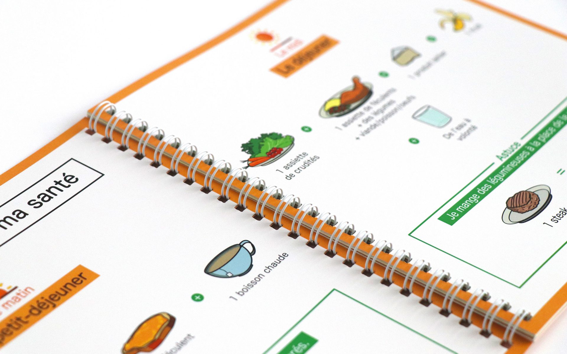 Livret FALC relié à spirale sur l’alimentation, avec pictogrammes de repas et texte « ma santé