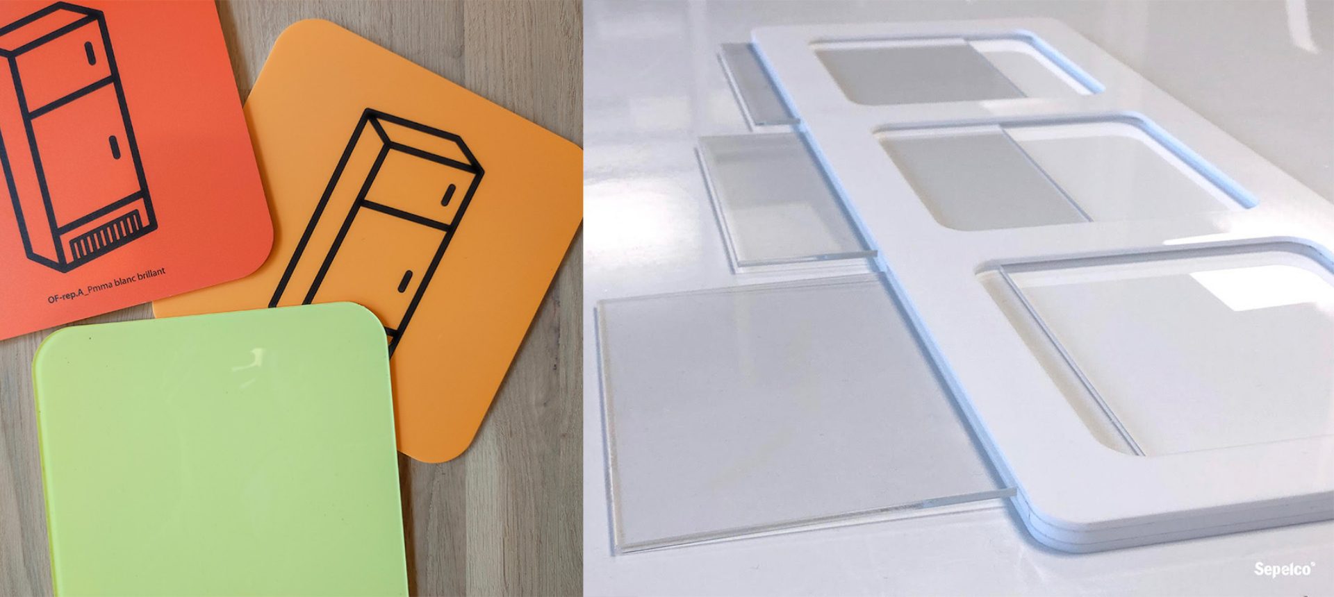 Plaques colorées avec dessin de meuble et panneaux blancs découpés posés sur une table d’atelier