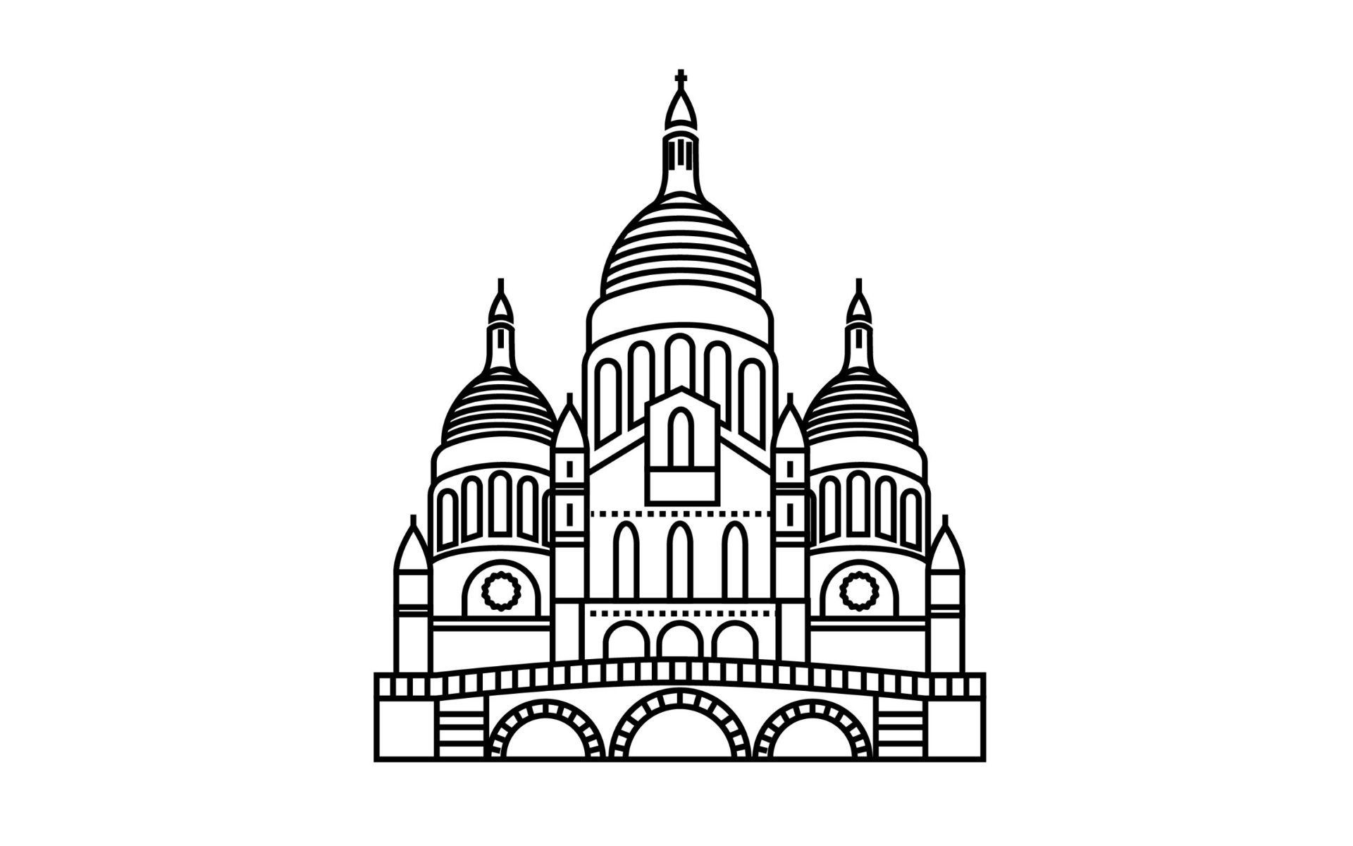 Dessin en noir et blanc d’une basilique à trois dômes avec arches et façade symétrique sur fond gris clair