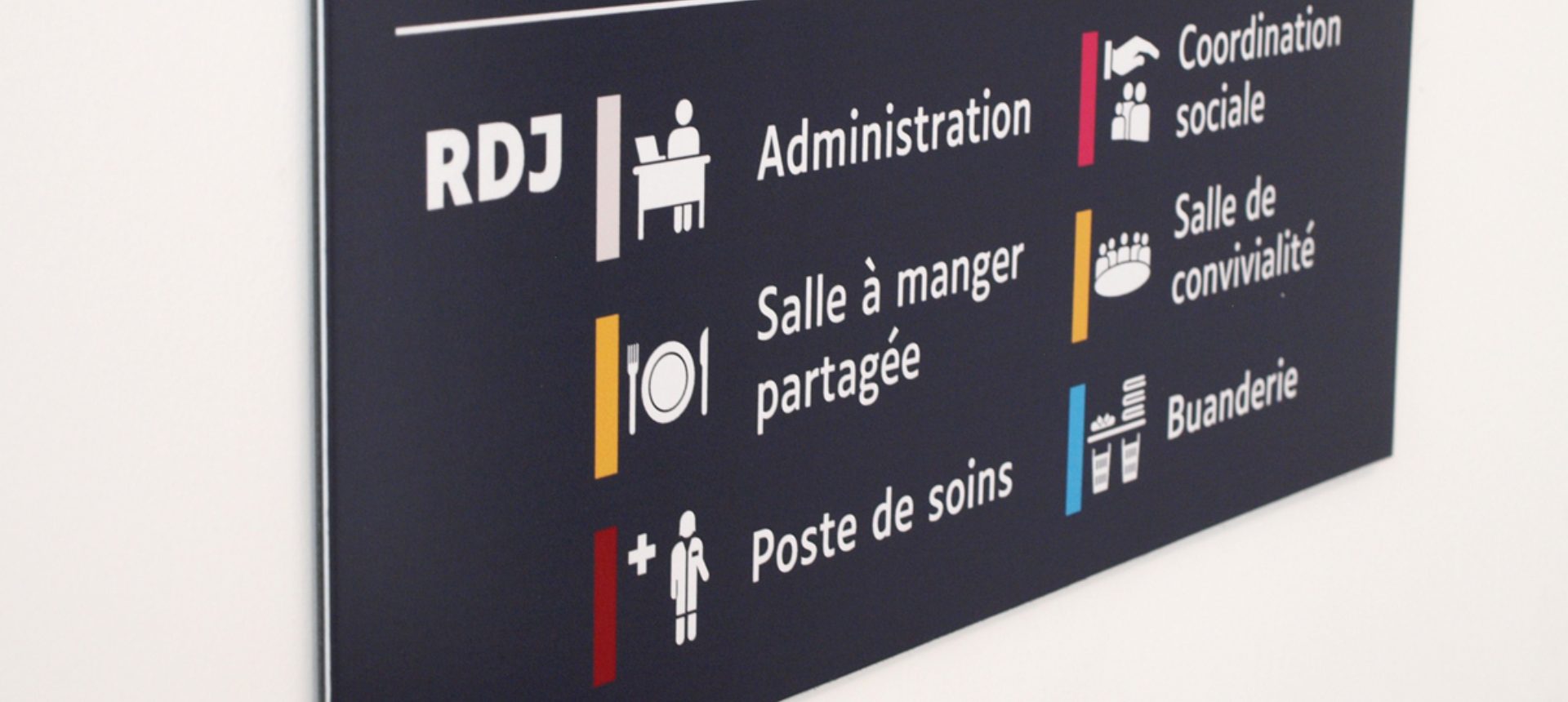Panneau directionnel RDJ avec Administration, Salle à manger partagée, Poste de soins et Buanderie