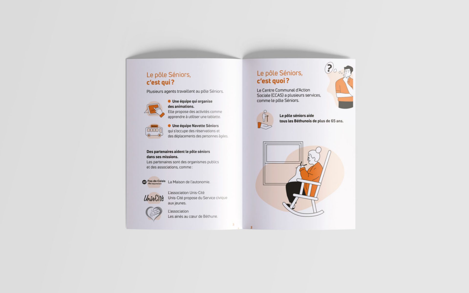 Double page d’un livret sur le pôle Seniors du CCAS avec textes explicatifs et dessins en orange et noir