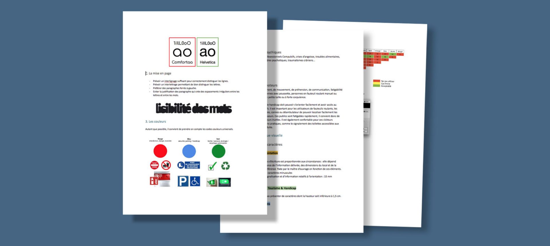 Trois pages de référence en design accessible avec exemples de typographies, couleurs et contrastes lisibles