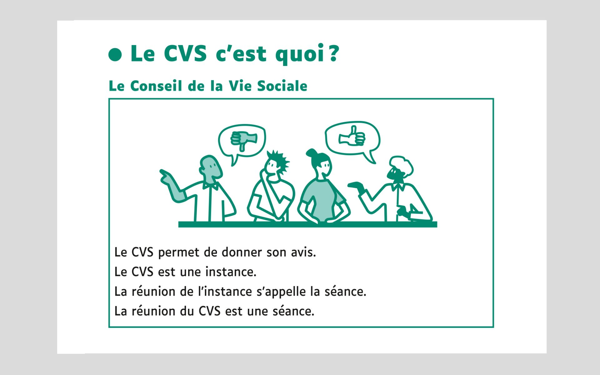 Affiche FALC « Le CVS c’est quoi ? » avec quatre personnes en réunion et bulles pouce levé et baissé