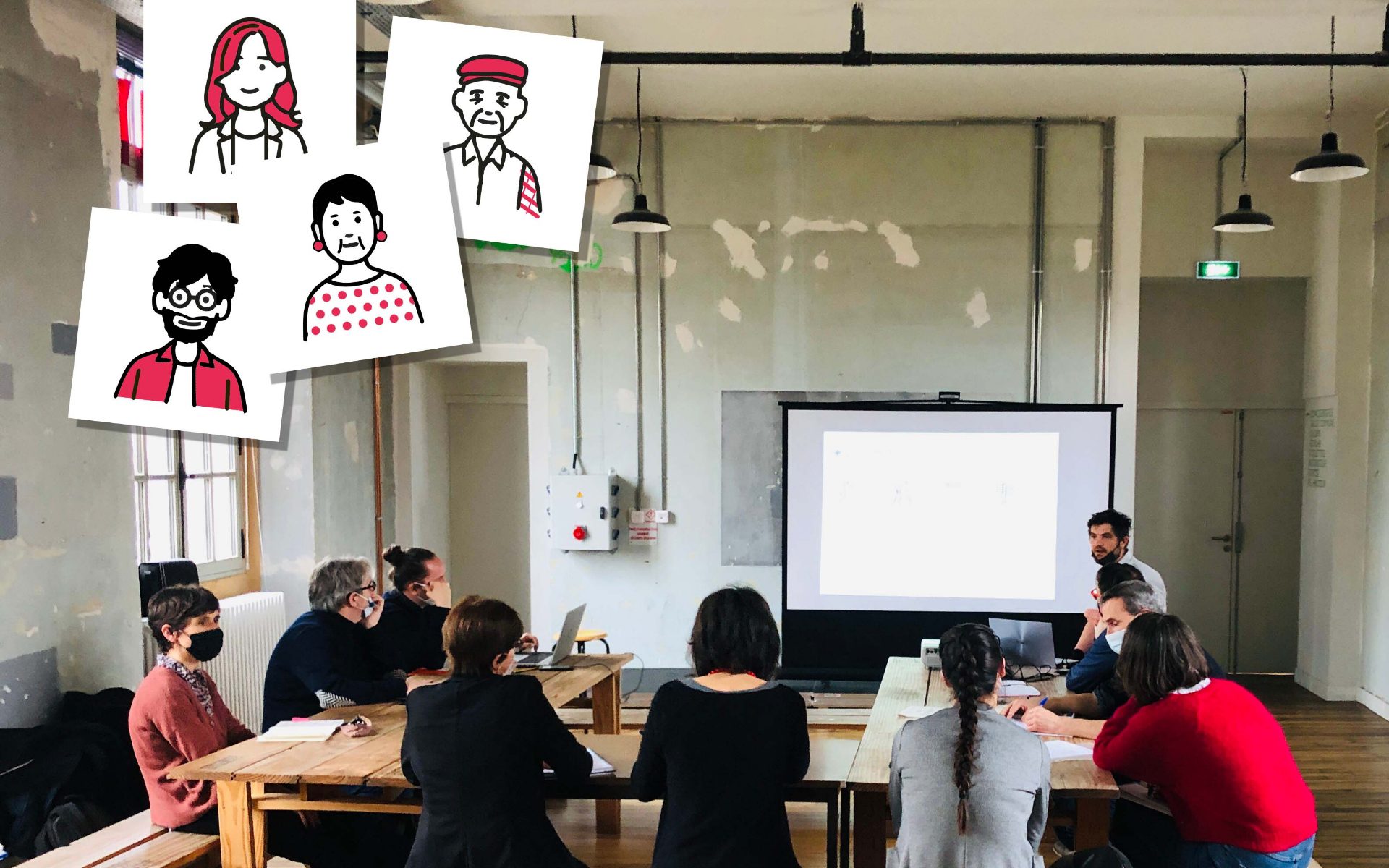 Réunion autour d’un écran de projection avec dessins de personnages affichés en haut à gauche