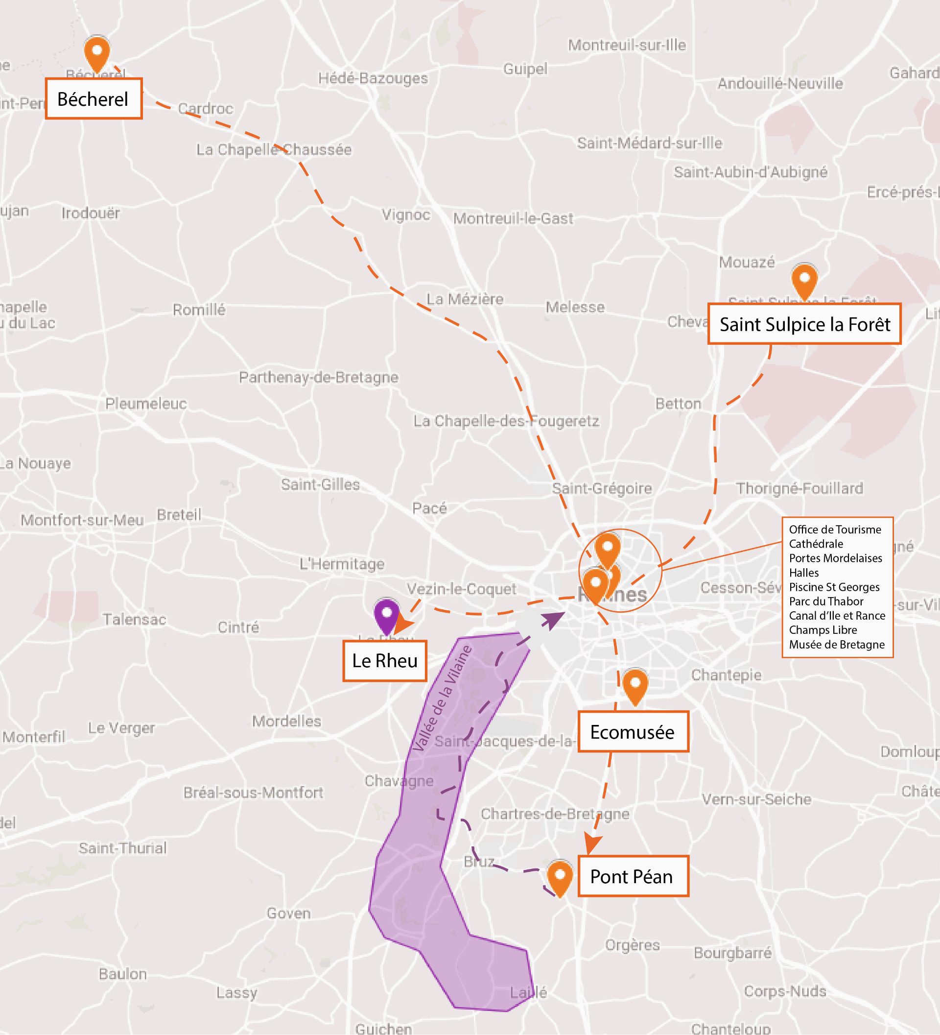 Carte de Rennes Métropole avec repères à Bécherel, Saint-Sulpice-la-Forêt, Le Rheu, Écomusée et Pont-Péan