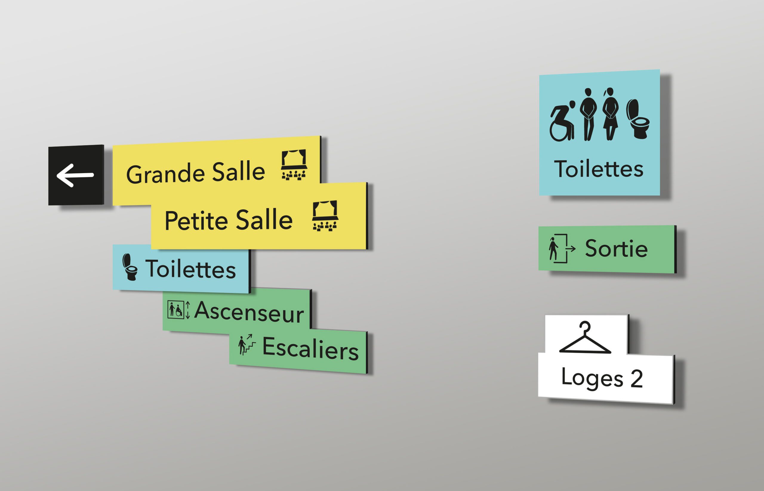 Maquette de signalétique colorée avec Grande Salle, Petite Salle, Toilettes, Sortie, Ascenseur et Escaliers