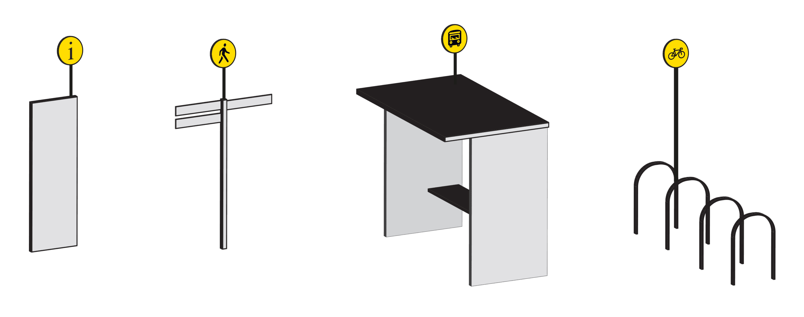 Signalétique piétonne avec panneau d'information, mât directionnel, abri de bus et arceaux vélos
