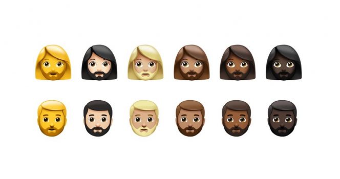 Emojis représentant 12 visages de personnages non genrés de couleurs de