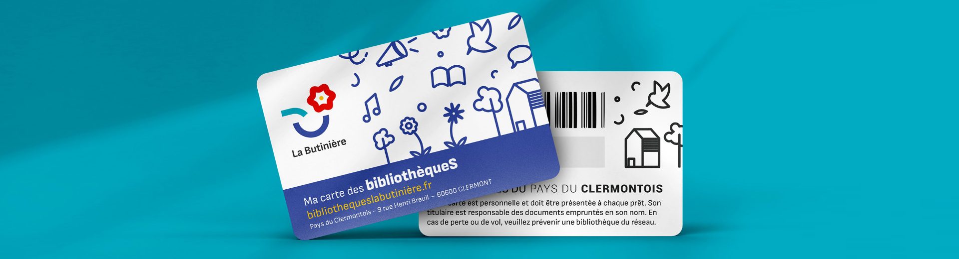 Deux cartes de bibliothèque La Butinière avec logo, code-barres et dessins sur fond bleu turquoise