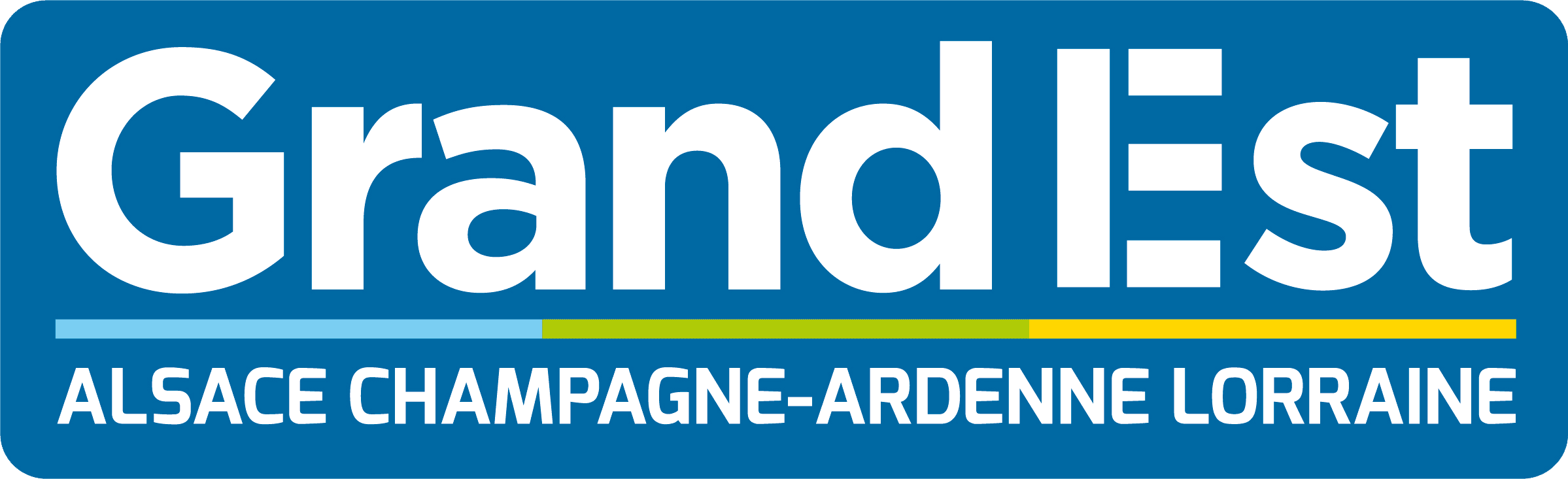 Logo Grand Est avec la mention Alsace Champagne-Ardenne Lorraine sur fond bleu et liseré tricolore